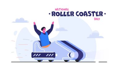 Ulusal Roller Coaster Günü vektör çizimi. Heyecanlı adam lunapark trenine biniyor. Yaz tatilleri ve etkinlikler.