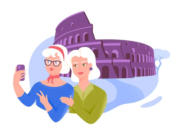 Twee oudere vriendinnen nemen selfie in de buurt van het Colosseum. Actieve recreatie en speciale aanbiedingen voor ouderen. — Stockvector