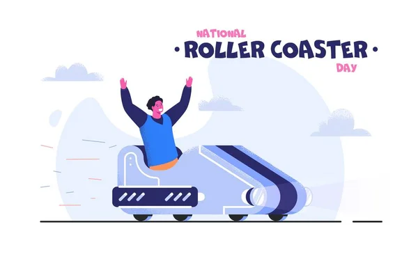 Ulusal Roller Coaster Günü vektör çizimi. Heyecanlı adam lunapark trenine biniyor. Yaz tatilleri ve etkinlikler. — Stok Vektör