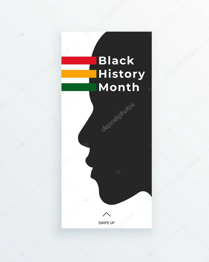 Black History Month green, yellow and red stripes web banner template with african american face silhouette.