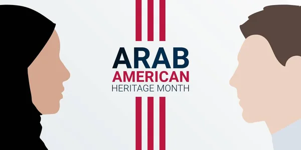 National Arab American Heritage Month - April - banner template με αραβικά ανδρικά και γυναικεία πρόσωπα, ως έννοια της μουσουλμανικής ταυτότητας και σημαντική συμβολή των αραβο-αμερικανών στον πολιτισμό και την ιστορία. — Διανυσματικό Αρχείο