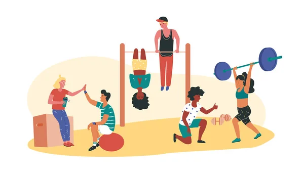 Männer und Frauen verschiedener Rassen trainieren zusammen. Fitness-Community. Freunde im Fitnessstudio unterstützen sich gegenseitig. — Stockvektor