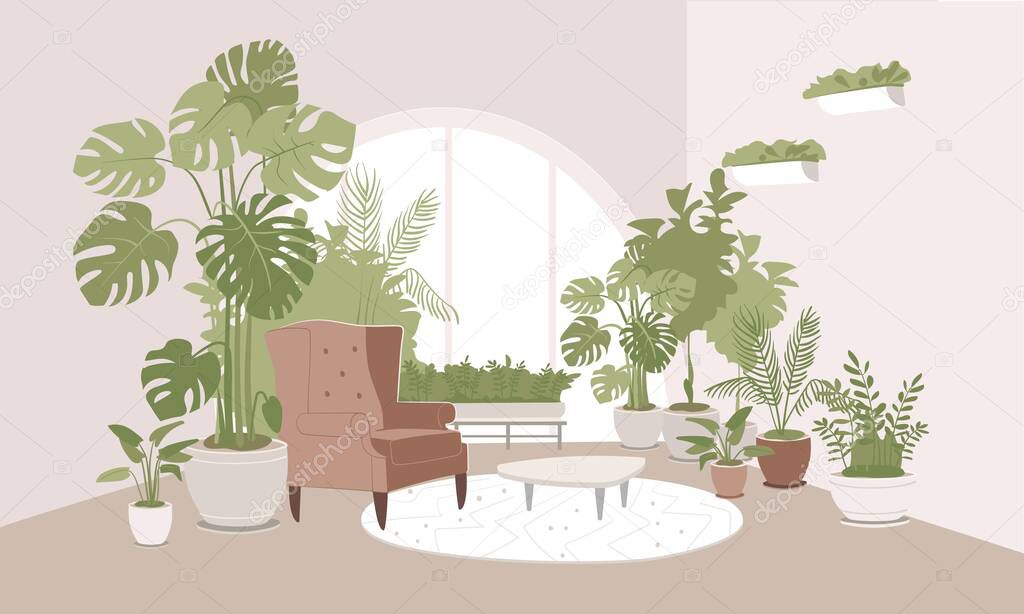 Light beige room decorated with pot plants on the floor and on walls.