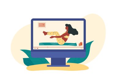 Sanal antrenör evde egzersiz yapıyor. Vücut ağırlığı egzersizi yapmıyor. Onaylı teknik direktör çevrimiçi video sağlığı kursu.