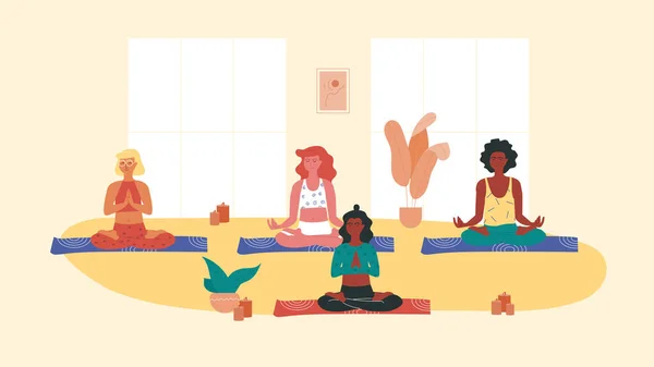 Grupo de mulheres de raça diferente fazendo ioga durante a sessão de ioga. Yoga, alongamento e instrutor de pilates. Alívio do estresse com a ajuda da atividade física. Saúde física e mental . — Vetor de Stock