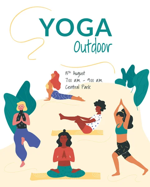 Vector poster template with women taking such yoga poses as boat, tree, cobra, warrior and burmese poses. — 스톡 벡터