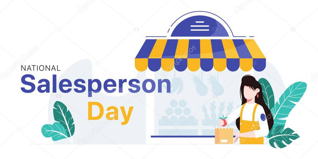 National Salesperson day horizontal banner template. Girl packing fruit into bag in front of the store.