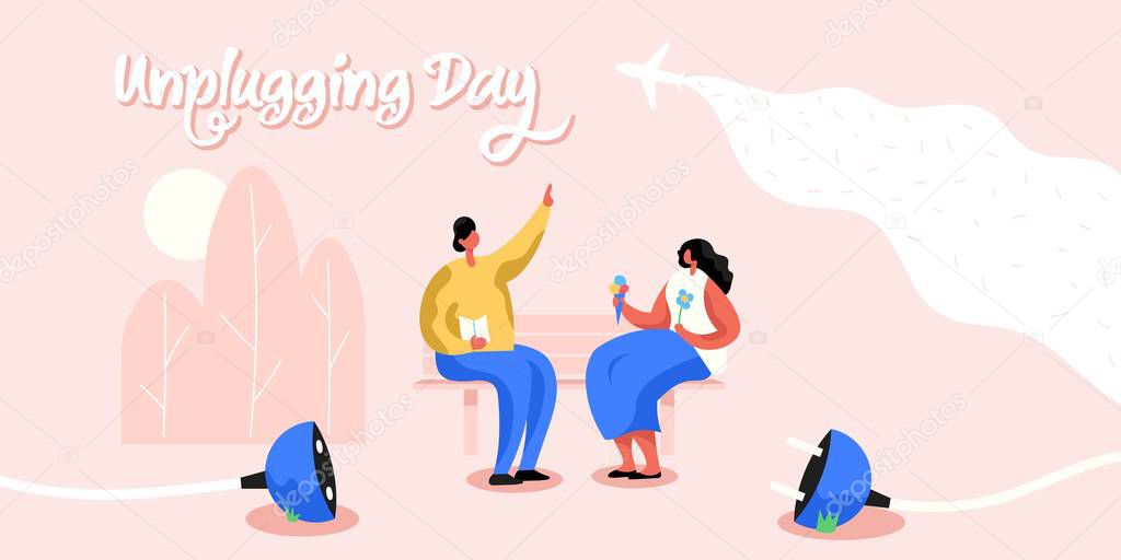 Unplugging day horizontal banner. Man and woman having good time in real life.