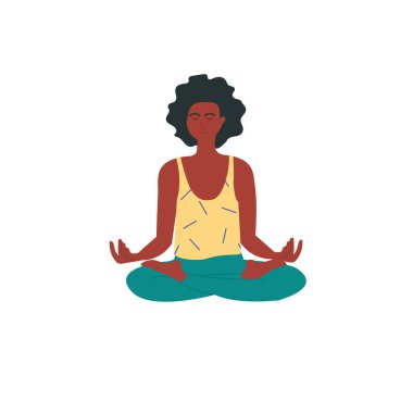 Afro-Amerikalı bir kadın nilüfer çiçeği pozuyla meditasyon yapıyor ya da beyaz üzerinde izole edilmiş Padmasana yoga yapıyor. Yoga, esneme, pilates hocası. Stres atmak için fiziksel aktivite. Fiziksel ve zihinsel sağlık.