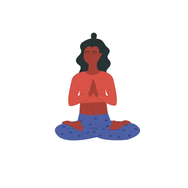 ハルダ蓮のポーズで瞑想若い女性や白い上に隔離されたハルダpadmasana asana 。ヨガ、ストレッチ、ピラティスインストラクター。ストレスを緩和する方法としての身体活動。心身の健康. — ストックベクタ