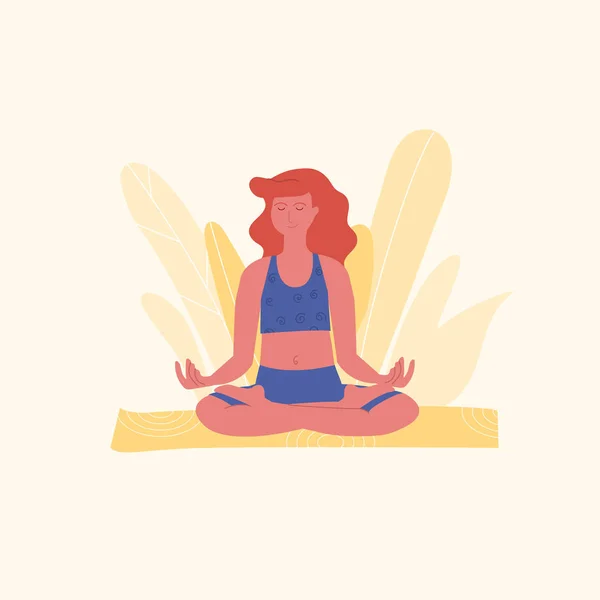 Femme aux cheveux roux médite dans la pose de lotus ou padmasana asana sur tapis de yoga jaune. Yoga, étirement, pilates instructeur. L'activité physique comme moyen de soulager le stress. Santé physique et mentale . — Image vectorielle