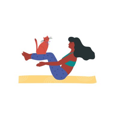 Genç bir kadın kedisiyle popüler fitness müsabakasını tekrarlamaya çalışıyor. Yoga ve pilates etkin eğitmeni evde ekipman olmadan nasıl antrenman yapılacağını gösteriyor. Navasana ya da naukasana tekne pozu veren blogcu.