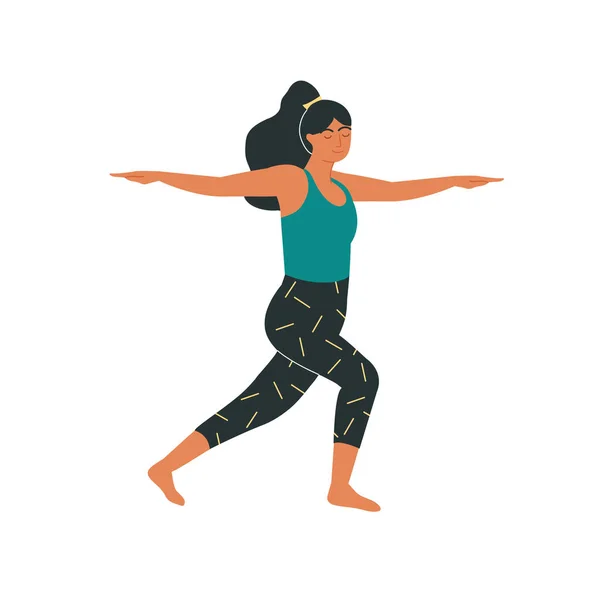 Женщина в современной вариации позы воина. Вирабхадрасана II йога асана. Йога, пилатес, инструктор по растяжке, изолированный на белом. Физическая активность как путь к расслаблению и психическому здоровью . — стоковый вектор