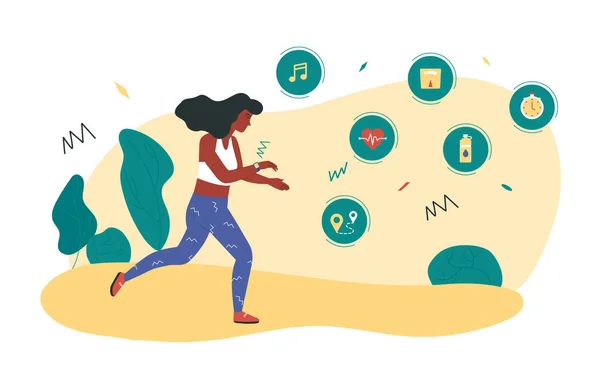 跑步的女人在她的手腕上带着一个聪明的或健美的跟踪器活动乐队来听音乐。现代腕带装置，跟踪行走距离和速度，心跳，水平衡，重量. — 图库矢量图片