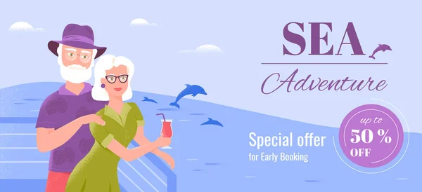 Two smiling senior spouses relax on the deck of a ship with refreshing drink, watching dolphins. Sea cruise as a holiday vacation banner template. Senior tourism special offers.