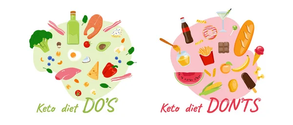 Keto-Diät-Profis - Meeresfrüchte, Gemüse, Beeren, Eier, Huhn - und Nachteile - Gebäck, Pommes frites, Cola, Schokolade. kohlenhydratarme ketogene Kost, die zum Abnehmen und zur Verbesserung der Gesundheit beiträgt. — Stockvektor