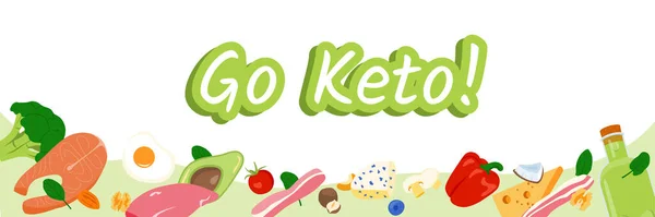 Go keto vector illustration with seafood, vegetables, berries, eggs, chicken on white background. — Stockvektor