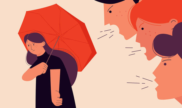 Victim blaming concept vector illustration with a girl trying to hide from her offenders under an umbrella. Low self-esteem. On the verge of depression people's condition. Distressing social problems