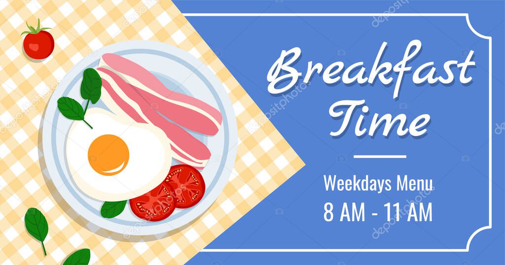 Breakfast time vector banner template with delicious fried egg, bacon, tomatoes and basil in white plate on checkered tablecloth. Healthy menu and dieting. Advertisement and special offers.