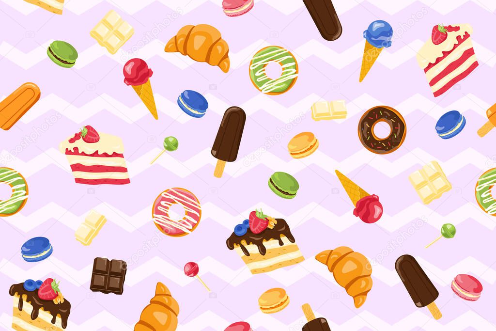 Vector seamless pattern with yummy macaroons, ice-cream, cake, chocolate, lollipop, donut as a template for packaging and textile. Cheat meal and sweet presents. Carbohydrates-rich energy-giving food.