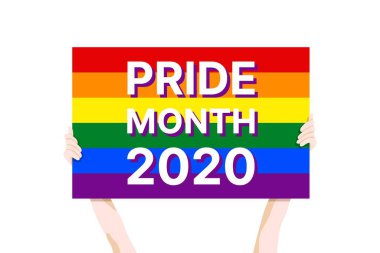 Gurur Ayı 2020 - Haziran - LGBT kişisinin beyaz arka planda LGBT topluluğunun sembolü olarak çok renkli poster taşıdığı vektör yatay afiş şablonu. Modern toplumda eşitlik ve çeşitlilik