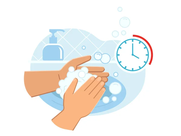 30秒間ディスペンサーから石鹸泡と慎重にシンクで手を洗う人は コロナウイルス感染が閉じるのを防ぐために 毎日衛生上の必需品 Covid 19パンデミック時の安全性 — ストックベクタ