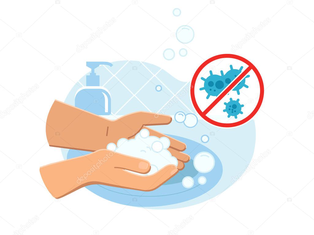 Person washing hands with their kid in sink carefully with lot of soap foam from dispenser close up. Everyday hygiene care. Safety during COVID-19 pandemia. Coronavirus and infections prevention.