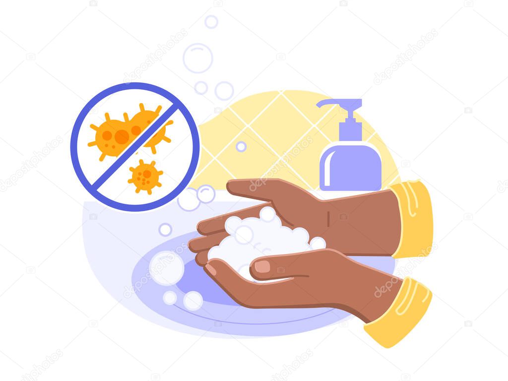 Black or brown person washing hands in sink carefully and with soap foam from dispenser close up. Everyday hygiene essentials. Safety during COVID-19 pandemia. Coronavirus and infections prevention.