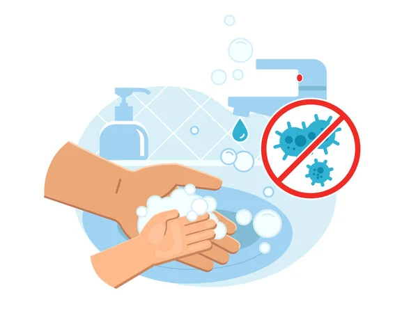 Person Washing Hands Kid Sink Carefully Lot Soap Foam Dispenser — Stock Vector