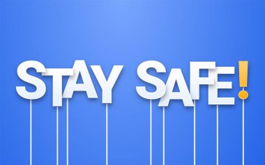 White Stay 'in mavi arka plandaki güvenli mesajı. Çubuklardaki harfler, fotokopi makineleri. Coronavirus kuantini ya da e-posta bülteni şablonu sırasında eylem çağrısı. Bloglama, web reklamcılığı ve sosyal medya