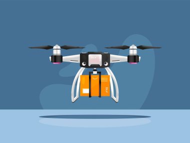 İnsansız hava aracı müşteriye kare kutu paketi taşıyor. İki pervaneli hava taşıma aracı ile temas kurmayın. Perakende ve sevkiyatta yenilikçi teknolojiler.