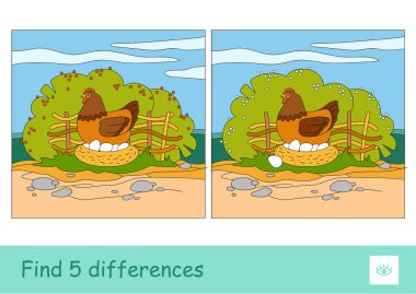 Find five differences quiz learning children game with image of brood chicken sitting on eggs in nestle on countryside farm bird yard with garden background. Colorful image of domestic animal. clipart