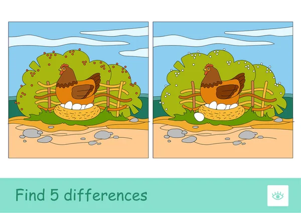 Find Five Differences Quiz Learning Children Game Image Brood Chicken — Stock Vector