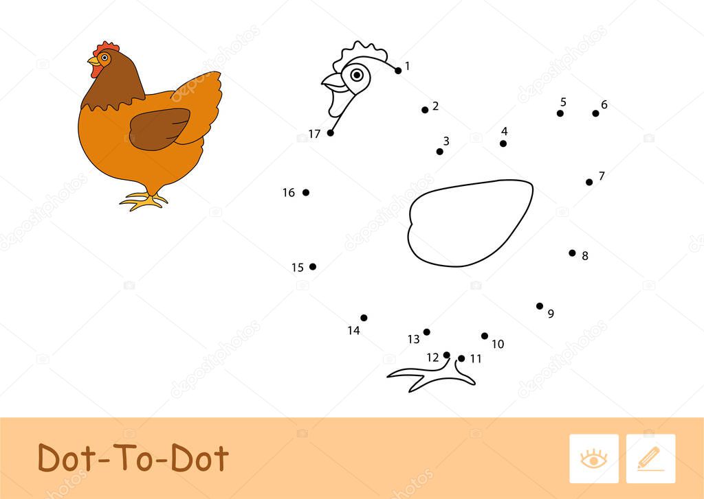 Dot to dot connect the numbers and color quiz learning children game with simple contour illustration of a staying chicken for the youngest children. Fun and learning of domestic animals for kids.