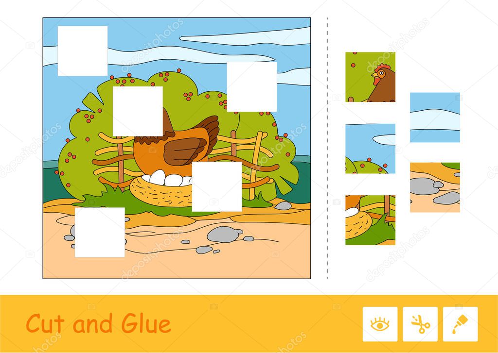 Cut and glue puzzle learning children game with color image of brood chicken sitting on eggs in nestle on countryside farm bird yard with garden background. Domestic animals for kids book.