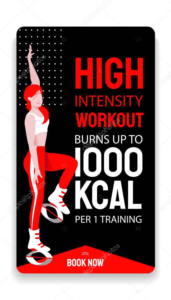 Kangoo jump high intensity interval workout advertisement story template. Female in sport outfit and bounce shoes
