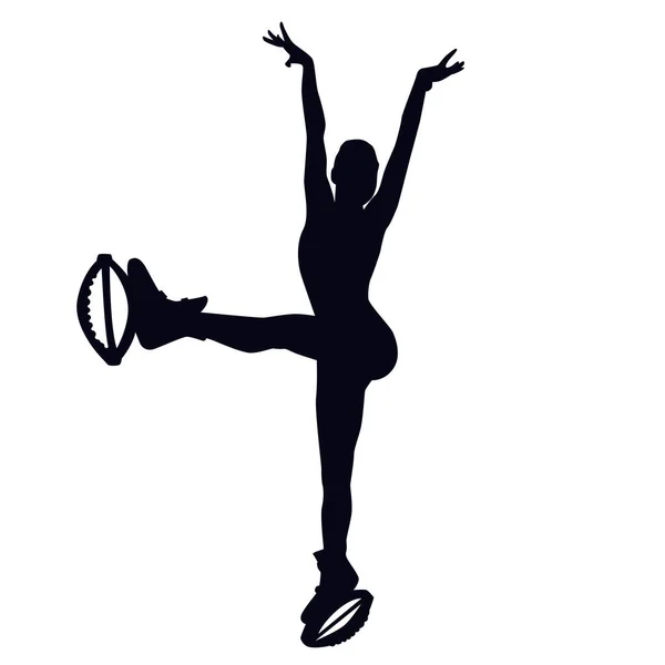 Silueta femenina haciendo swing de pierna hacia adelante en botas de salto de kangoo. Chica bailando en zapatos de rebote durante HIIT . — Vector de stock