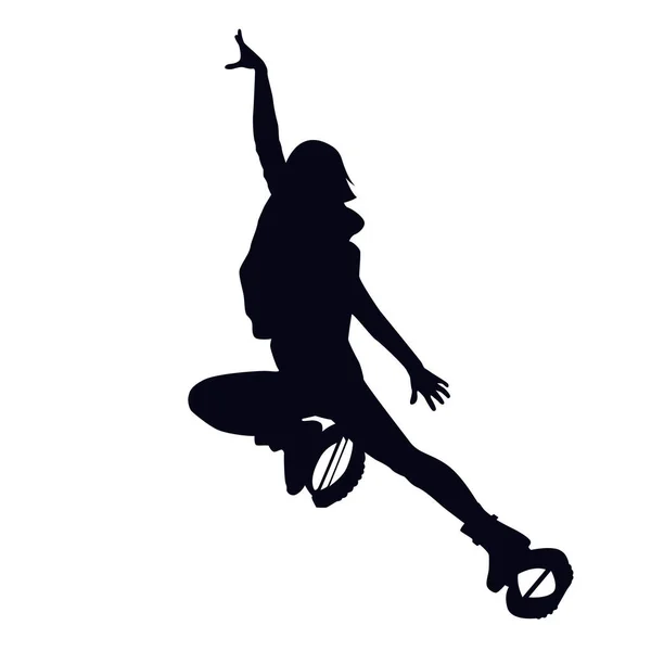 Γυναικεία σιλουέτα κάνει straddle άλμα ή σαλόνι σε kangoo μπότες άλμα. Κορίτσι που χορεύει με παπούτσια αναπήδησης κατά τη διάρκεια. — Διανυσματικό Αρχείο