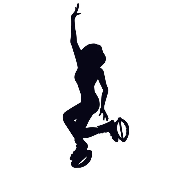Γυναικεία σιλουέτα που κάνει άσκηση κρασιού σταφυλιών σε kangoo μπότες άλμα. Κορίτσι που χορεύει με παπούτσια αναπήδησης κατά τη διάρκεια. — Διανυσματικό Αρχείο