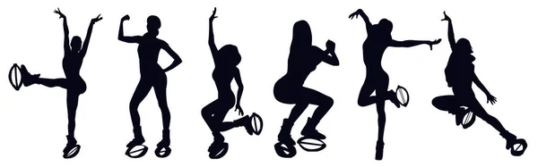 Female silhouettes doing exercises in kangoo jump boots like knee up, jacks, pendulum, seethes, squat, leg swing. — Stock Vector