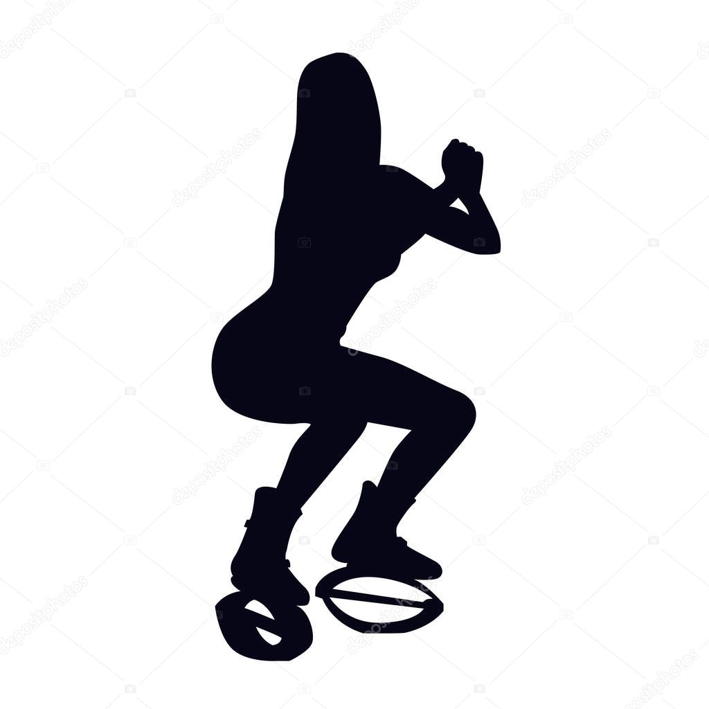 Female silhouette doing squat in kangoo jump boots. Girl doing strength exercise in bounce shoes during HIIT.