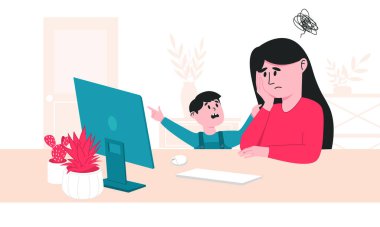 Yorgun bir anne ve sürekli işine burnunu sokan küçük oğlu. covid-19 sırasında ebeveynlik ve günlük bakım sorunları
