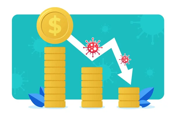 Der Coronavirus-Schock hat schwere Auswirkungen auf die Weltwirtschaft. Stapelweise Münzen mit Dollarzeichen, fallender Trendlinie und Viren. — Stockvektor