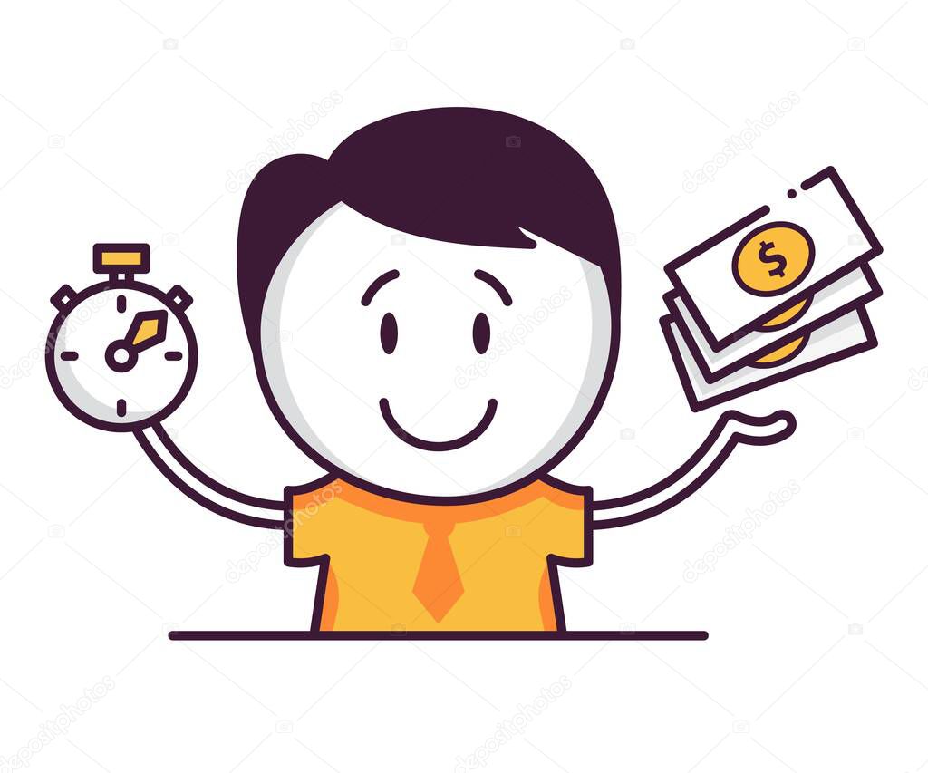 Cute male character with timer clock in one hand and several banknotes in the other. Save your time for online purchase. Fast and safe payment. Innovative technologies in banking and everyday life.
