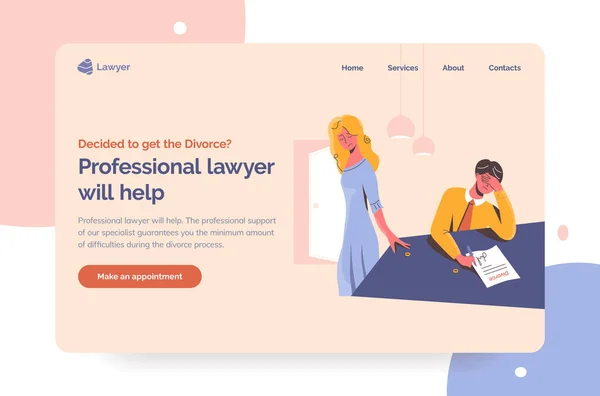 Advogado Profissional Ajuda Para Casais Infelizes Processo Divórcio Página Inicial — Vetor de Stock