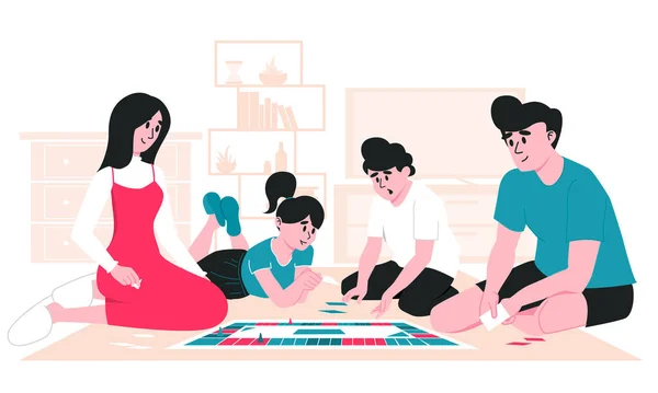 家族で一緒に余暇を過ごす リビングルームで床の上でボードゲームをプレイ母 娘と息子 子供と一緒に家にいなさい 検疫閉鎖中の保護者及び保育園 — ストックベクタ