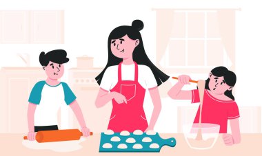 Anne ve çocuklar evde birlikte yemek pişiriyorlar. Erkek hamuru raptiyeyle yuvarlıyor, kız kremayı kasede karıştırıyor ve annesi çörek yapıyor. Çocuklarla evde kal. Karantinada ebeveynlik ve günlük bakım.