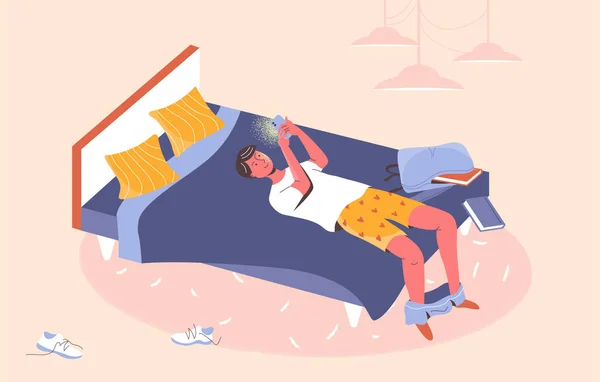 Garçon Couché Sur Lit Partiellement Déshabillé Avec Smartphone Bavardage Jeux — Image vectorielle