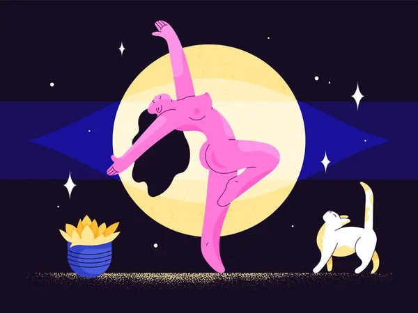 Γυμνή Γυναίκα Χορεύει Ευτυχισμένη Ανάμεσα Γλάστρα Και Γάτα Στο Δωμάτιό — Διανυσματικό Αρχείο