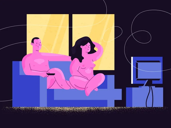 Γυμνοί Άνδρες Και Γυναίκες Παρακολουθούν Τηλεοπτική Εκπομπή Βίντεο Που Τρέχει — Διανυσματικό Αρχείο